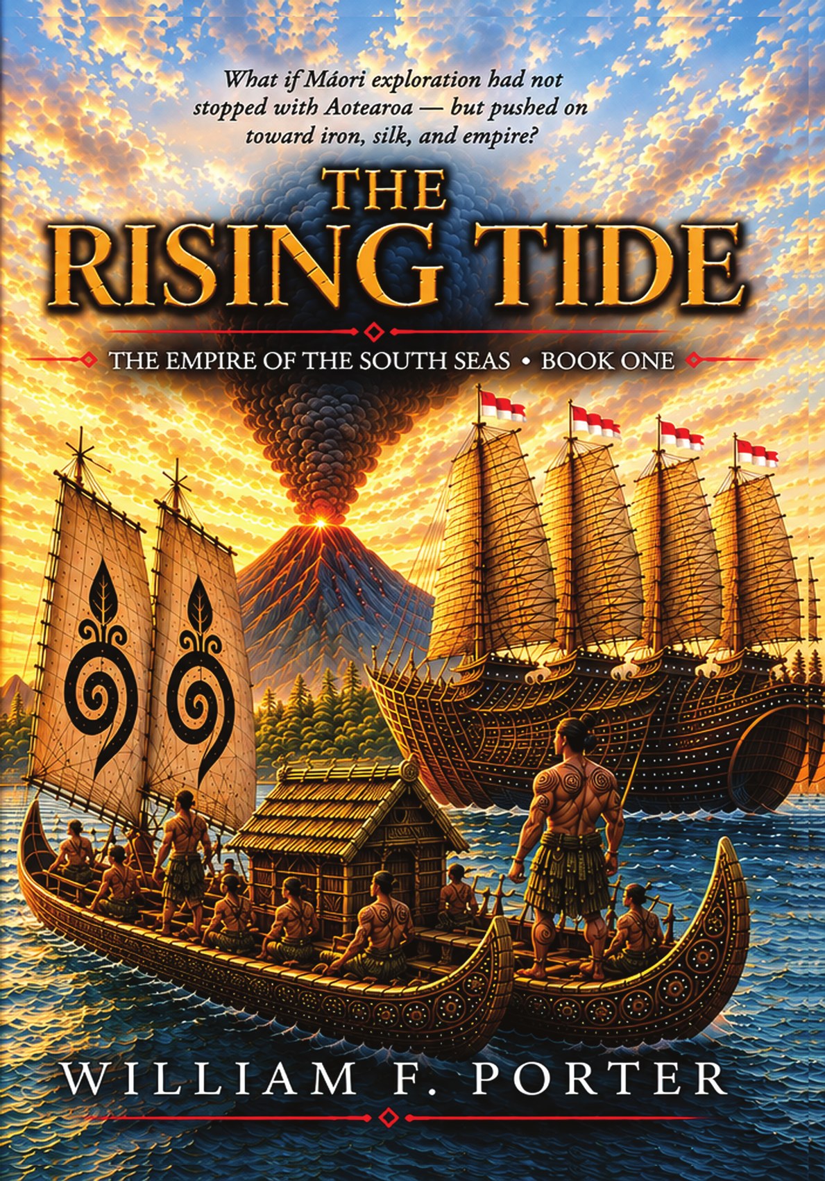 Cover of THE RISING TIDE by William F. Porter, showing a waka hourua sailing toward a smoking volcano at sunset.