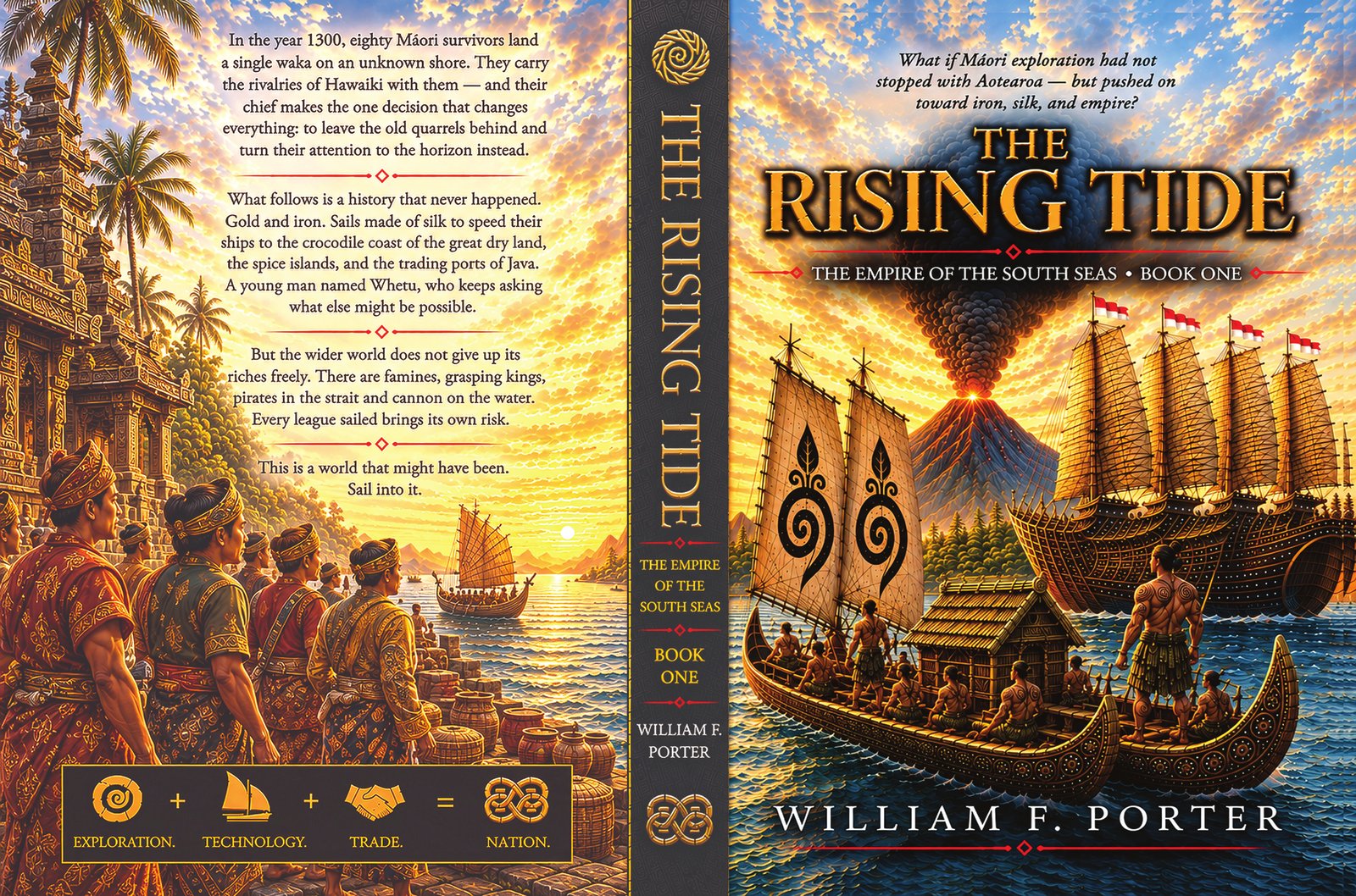Full wraparound cover of THE RISING TIDE, showing the front, spine, and back panels.